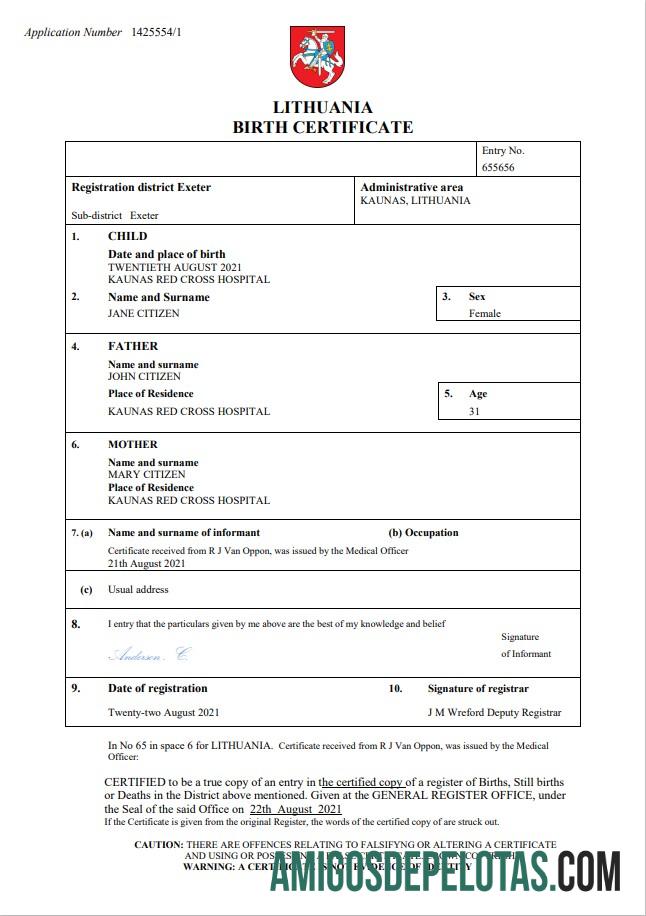 Em branco modelo Word e PDF de certidão de nascimento da Lituânia